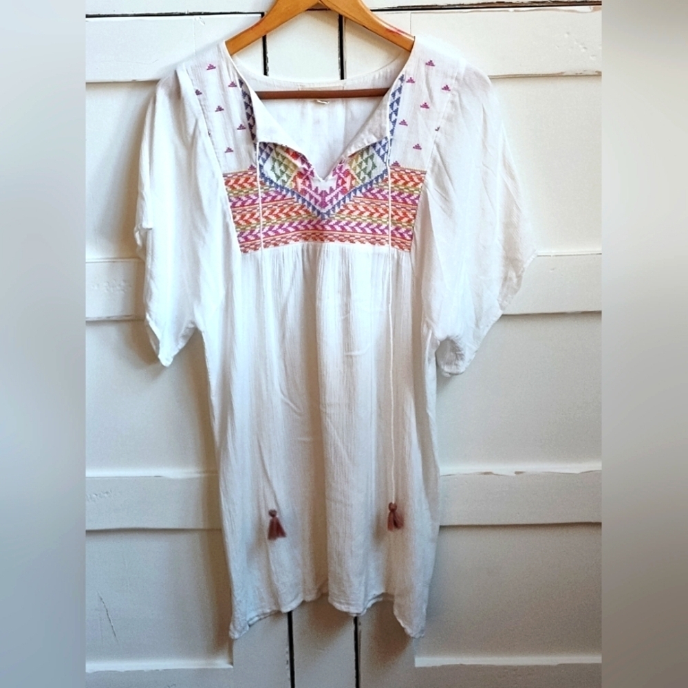 Lovestitch Women's Embroidered White Tunic Cover Up Dress | Size Medium